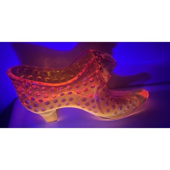 VTG Fenton Orange Red Amberina Hobnail Boot Slipper Shoe Cat Head Art Glass Glow - Picture 10 of 16